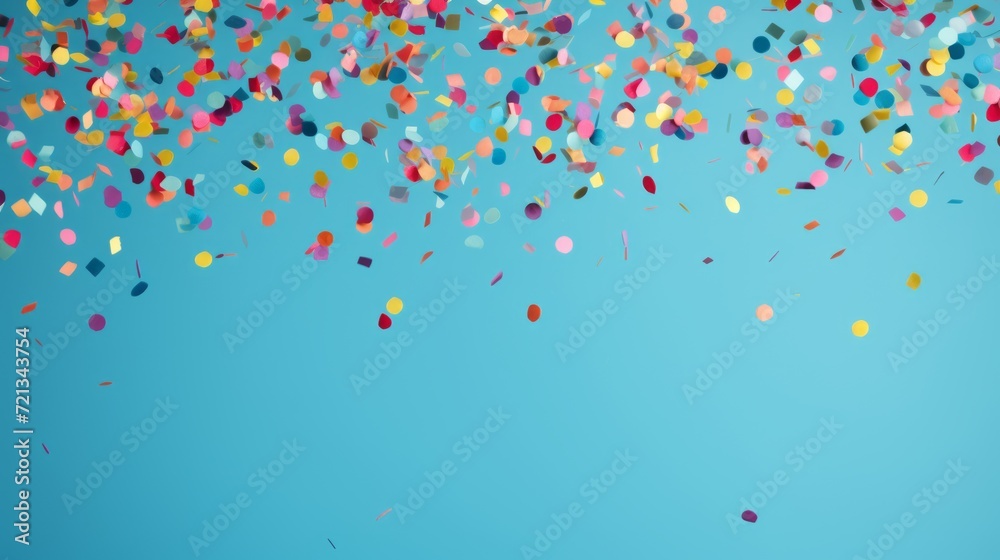 Festive celebration with colorful confetti shower on blue background - joyful holiday atmosphere