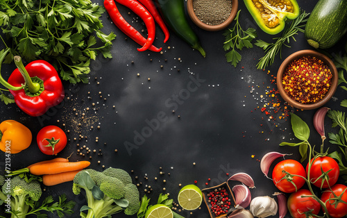 Top view of cooking ingredients on dark table with copy space