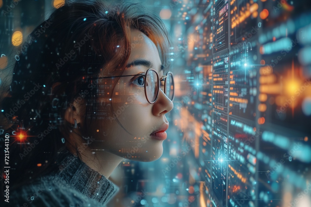 An immersive scene capturing a young woman captivated by a holographic technological screen. Generative ai An immersive scene capturing a young woman captivated by a holographic technological screen. Generative ai
