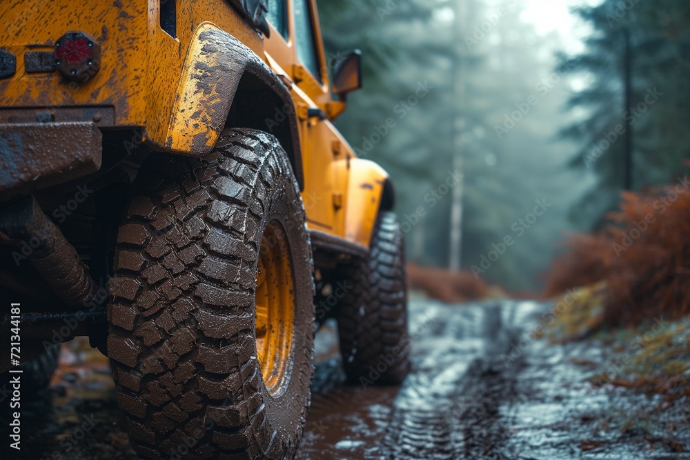 Yellow Off-Road Vehicle on Muddy Forest Road. Ground-level View with Focus on Wheels. Generative ai