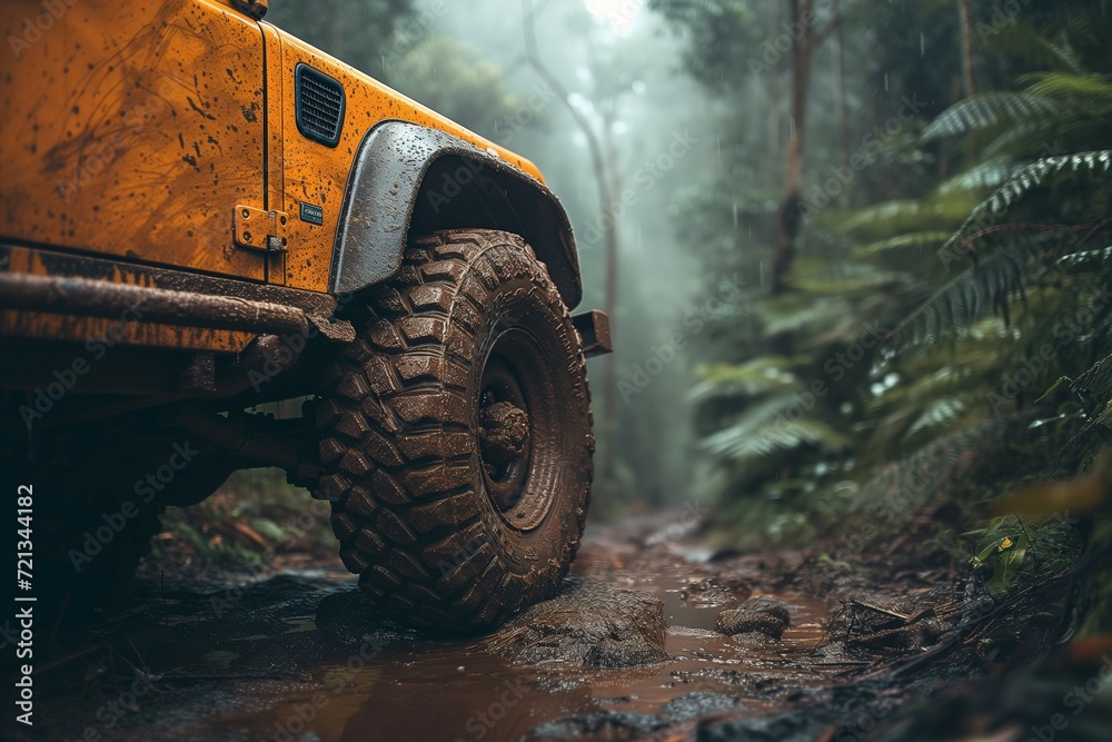 A rugged and adventurous scene capturing the low-angle view of a yellow off-road car navigating a muddy forest trail. Generative ai