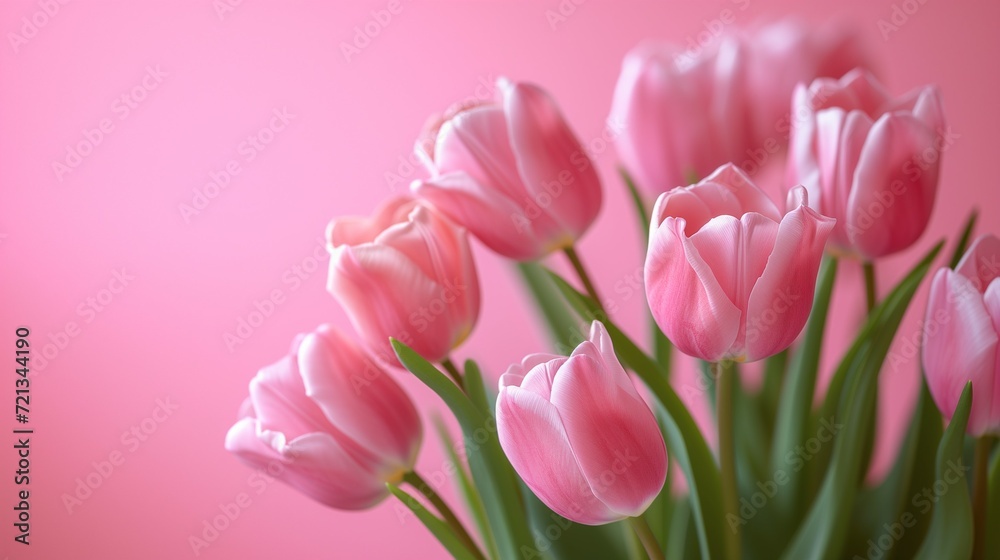 A bouquet of pink tulips on a soft pink background. Generative ai