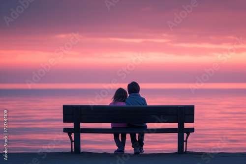 Little boy and girl sitting side by side on a bench, immersed in the beauty of a coastal seascape. Generative ai