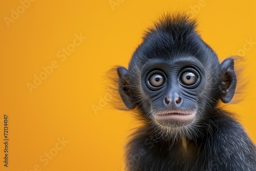 A captivating image featuring a dusky leaf monkey  isolated against a vibrant yellow background  showcasing its curious and inquisitive nature. Generative ai