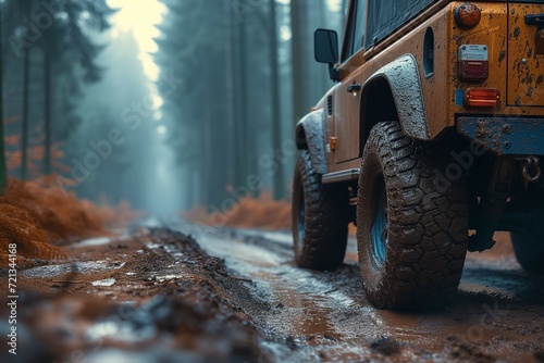 Muddy Trail Challenge: Off-Road Car Conquers the Forest. Generative ai © Andrii