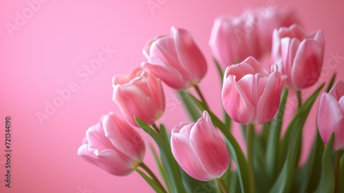 A bouquet of pink tulips on a soft pink background. Generative ai