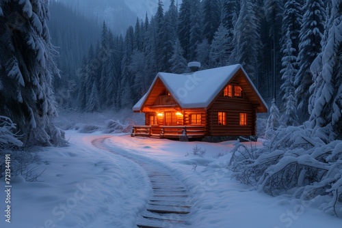 Winter Wonderland: Snow-Covered Forest at Twilight with Cabin. Generative ai