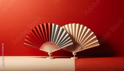 Elegant Geometric Composition with Three Traditional Paper Fans on Red Background