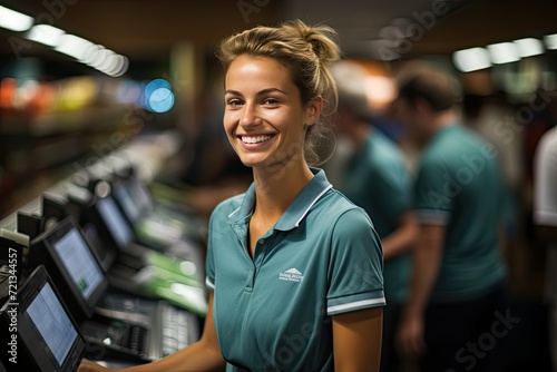 Smiling woman shop worker in well stocked supermarket, assisting customers with a smile. Saleswoman assists customers in a grocery mini-market, Generative AI