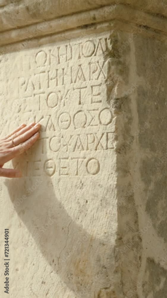 Vertical video. A female tourist explores the ancient city Phaselis ...