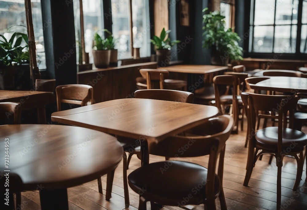 Cozy cafe interior with wooden floor and tables with chairs standing next to them Large windows