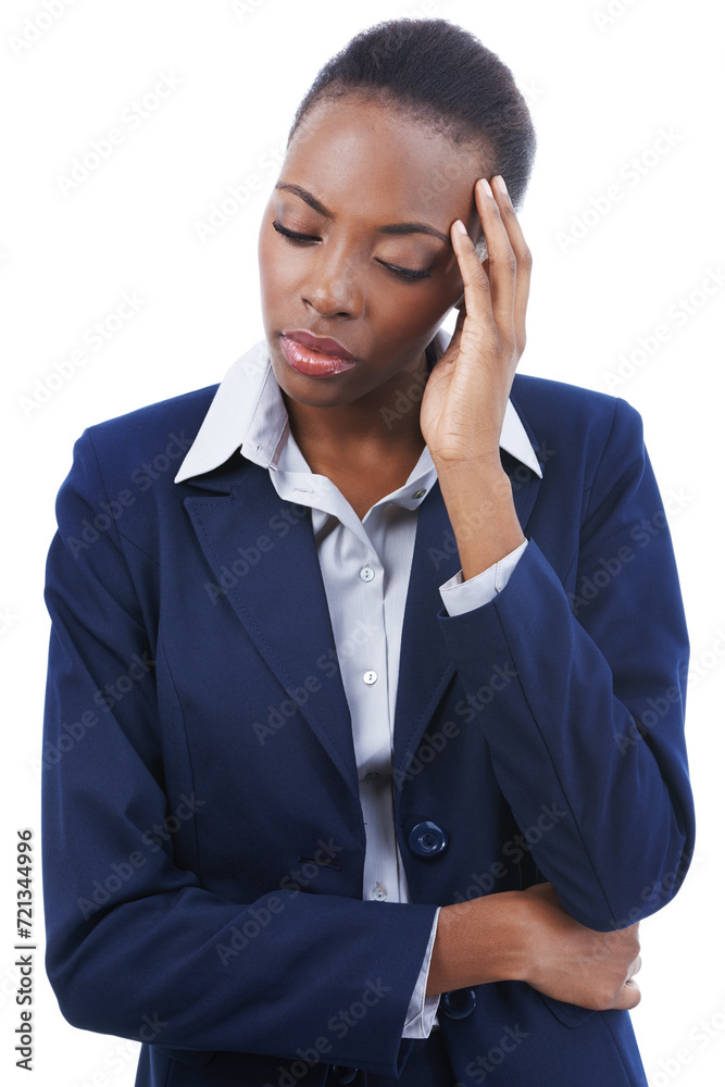 Business, woman and headache in studio with burnout, stress or mental health for career overwork. Entrepreneur, african person and migraine from corporate fatigue, tired or strain on white background Business, woman and headache in studio with burnout, stress or mental health for career overwork. Entrepreneur, african person and migraine from corporate fatigue, tired or strain on white background