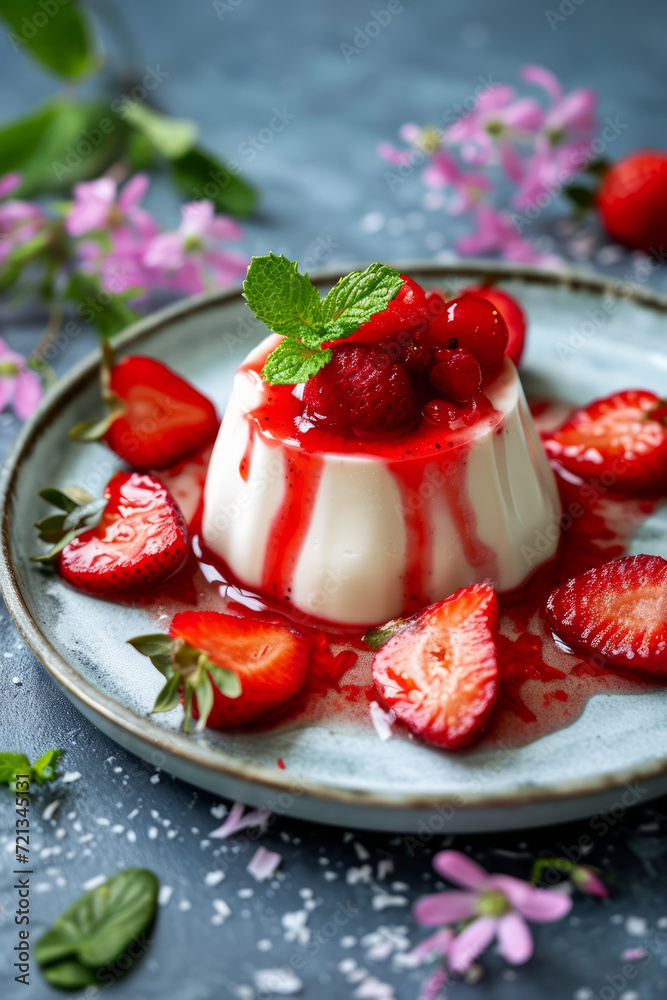 Delicious pudding with strawberry sauce on a plate