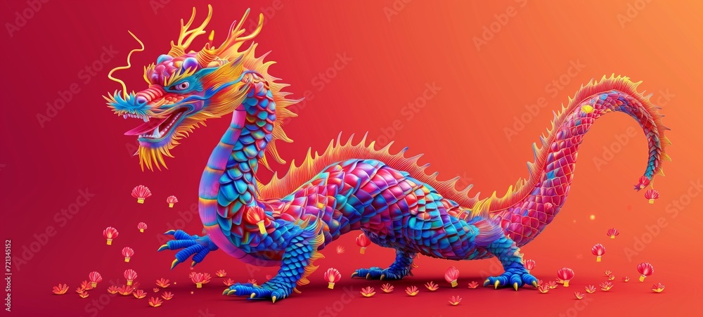 Fototapeta premium Panoramic image of a colorful Chinese dragon with intricate scale patterns, surrounded by red lanterns and golden flowers, symbolizing celebration and Chinese New Year festivities.