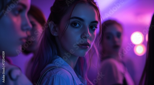 Portrait of a young woman with an intense gaze, highlighted by neon blue and purple lights, standing amidst a blurred group of peers.