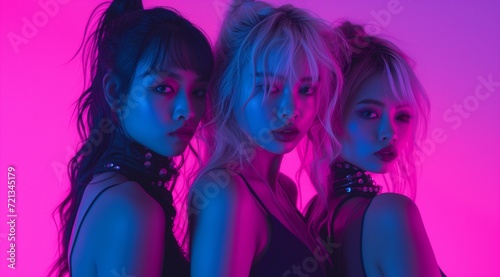 Wide portrait of three young women in pink neon light, fashionably styled with edgy makeup and chokers, exuding urban chic and intense expressions.