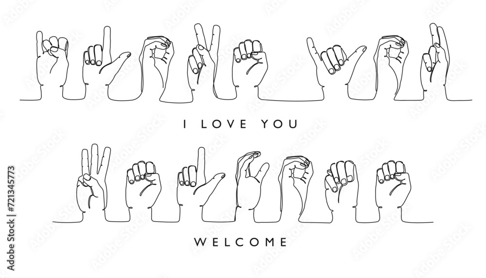 Sign deaf language. I love you and welcome word in American sign language ASL hand gestures continuous one line educational vector illustration set Sign deaf language. I love you and welcome word in American sign language ASL hand gestures continuous one line educational vector illustration set