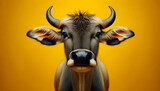 A close-up front view of a zebu on a yellow background