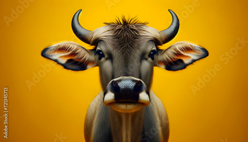 A close-up front view of a zebu on a yellow background photo