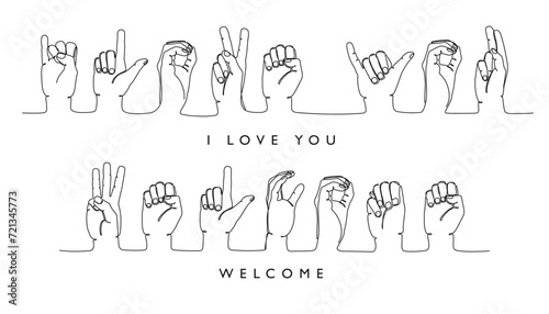 Sign deaf language. I love you and welcome word in American sign language ASL hand gestures continuous one line educational vector illustration set photo
