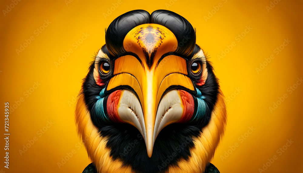 A close-up front view of a hornbill on a yellow background