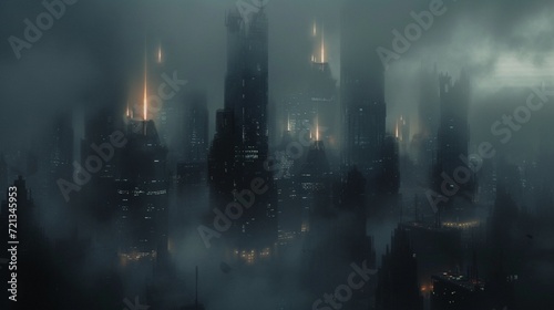 A dystopian cityscape with towering structures, obscured by fog and dim lights