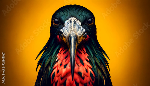 A close-up front view of a magnificent frigatebird (Fregata magnificens) on a yellow background