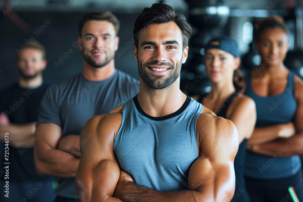 Handsome male gym personal trainer in front of colleagues Handsome male gym personal trainer in front of colleagues