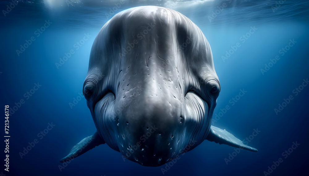 Naklejka premium A close-up front view of a sperm whale on a ocean background