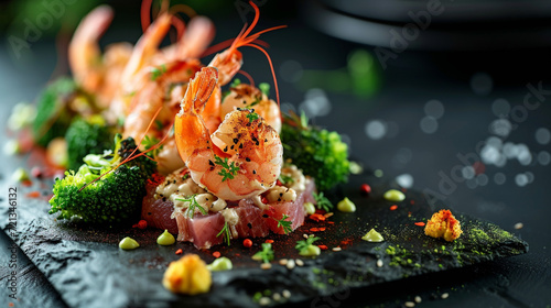 Illustration of fried spicy shrimp with tuna and broccoli on a black dish. Like a Michelin-star restaurant. Menu, culinary art.