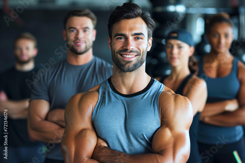 Handsome male gym personal trainer in front of colleagues