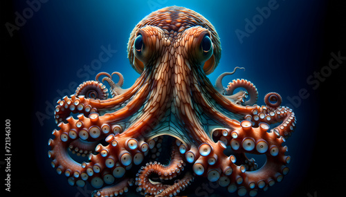 A close-up front view of a octopus on a water background