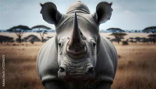 A close-up front view of a white rhinoceros on a savanna background