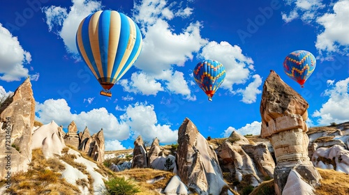 A hot air balloon festival with balloons ascending into a clear, blue sky dotted with fluffy clouds.