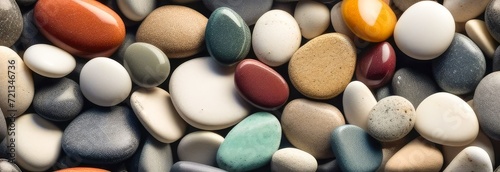 Top view of bright, contrasting, multi-colored sea stone pebbles. Natural textured background. Banner.