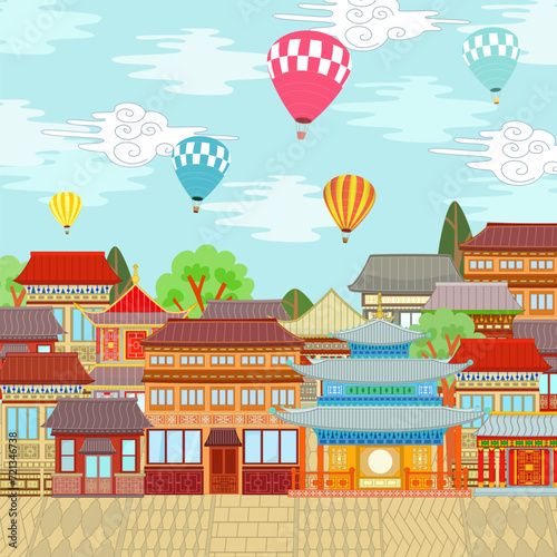 ancient asian cityscape with colorful hot air balloons in the cl