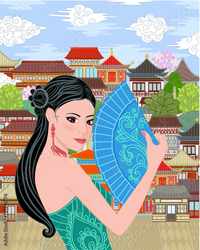 ancient asian cityscape in spring with elegant young chinese wom