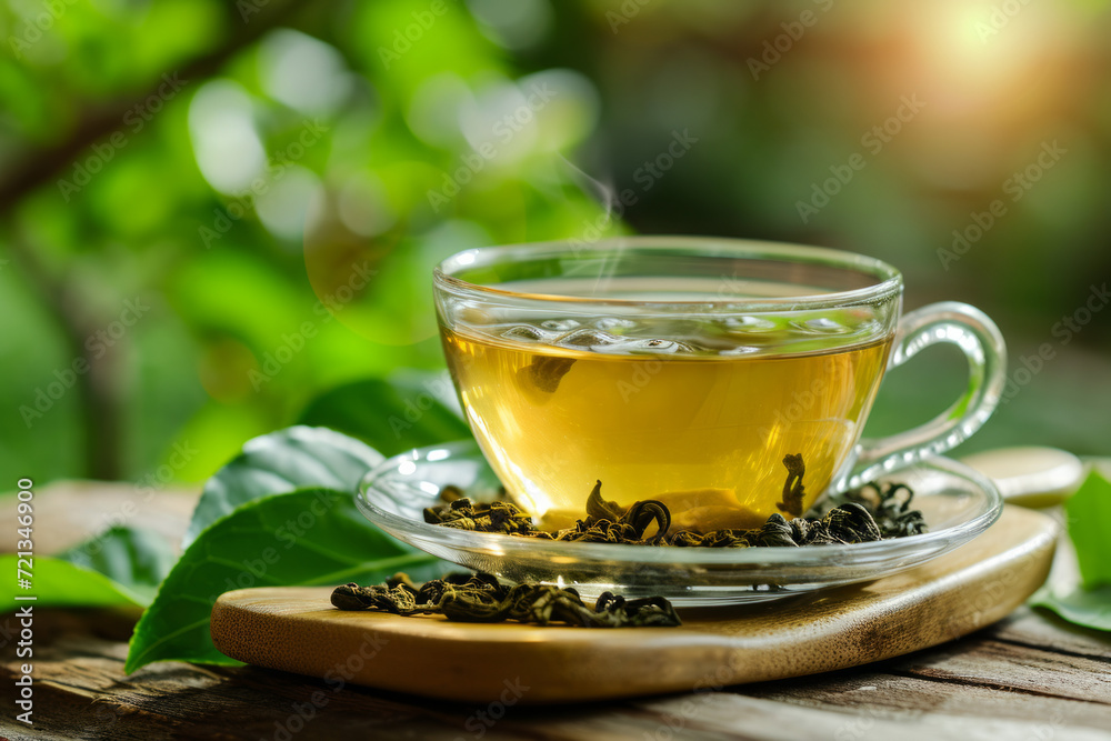 Hot green tea in a glass cup with a tea leafs on wooden shovel Hot green tea in a glass cup with a tea leafs on wooden shovel