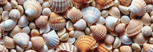 Top view consisting of sea exotic seashells. Natural textured background. Banner. © Vladimir