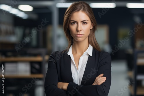 Driven to succeed at any expense, an alluring female executive stands resolute in an empty workplace during a late night.