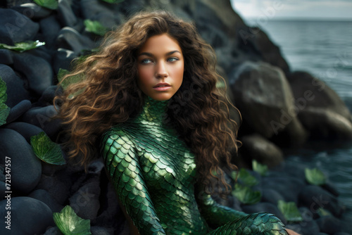 Beautiful mermaid with curly brown hair sitting on a shoreline close to the sea (generative AI) photo