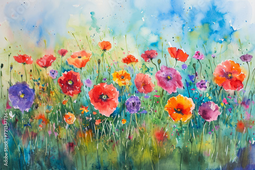 Abstract flower field watercolor painting photo