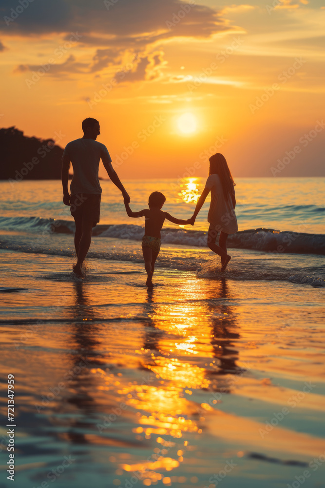 Happy Young Family Having Fun on Beach at Sunset