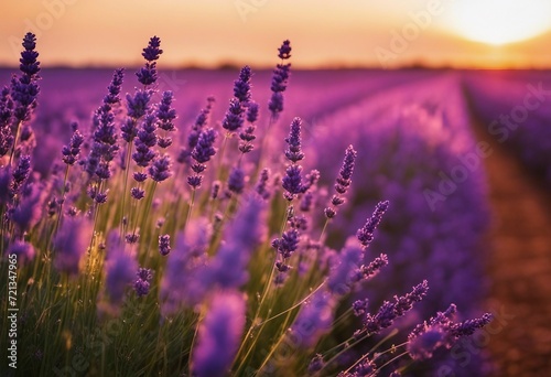 Lavender field sunset and lines Beautiful lavender blooming scented flowers at sunset © ArtisticLens