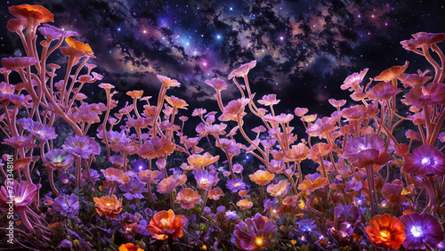Fantastic flowers and plants under the night sky. AI