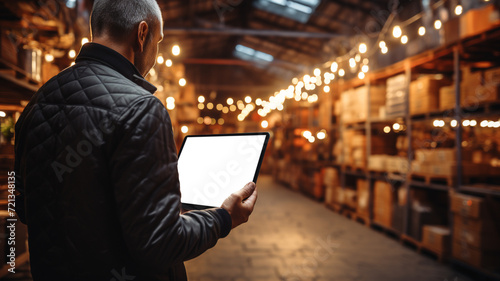 Back view of a worker holding a tablet using a smart warehouse management system on the blurred warehouse as background.