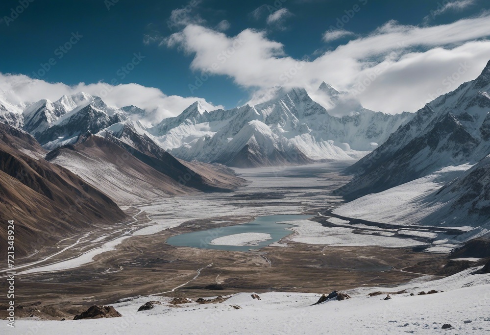 Panoramic view of himalayas mountains Mount Everest Panoramic view of the snowy mountains in Upper M