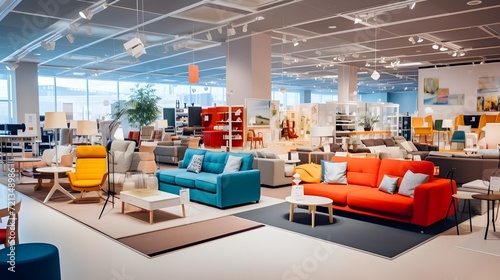 Showroom furniture and home decoration products with chairs and sofas.