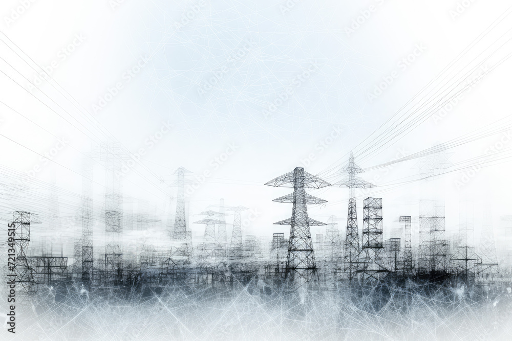 Electricity pylons and high voltage lines in a foggy forest - obrazy, fototapety, plakaty 