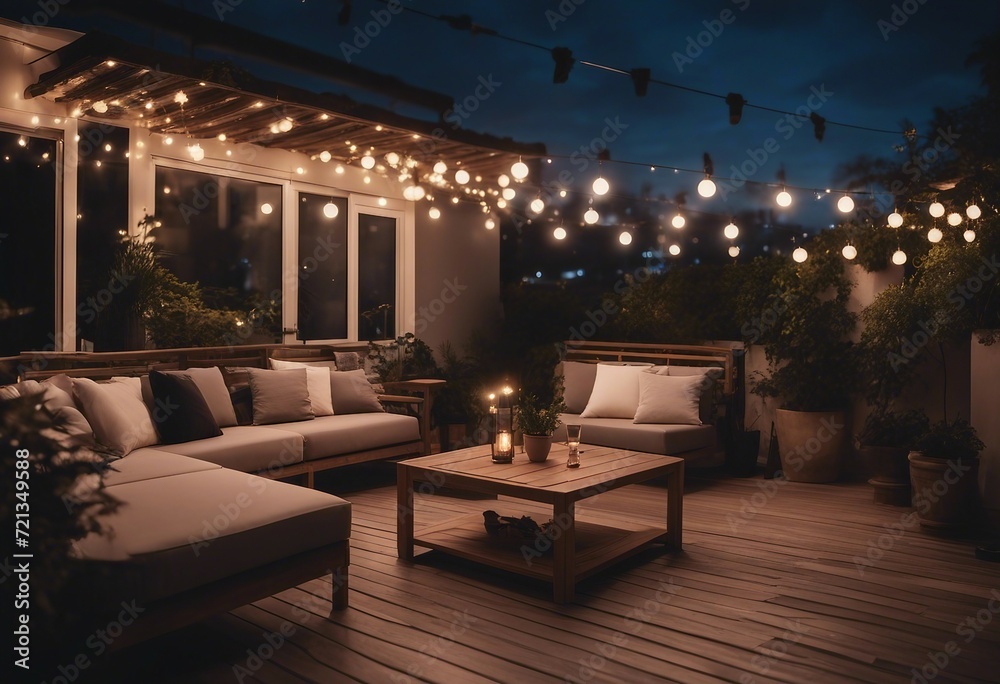 Roof terrace of a beautiful house with night-time view of the city View over cozy outdoor terrace wi